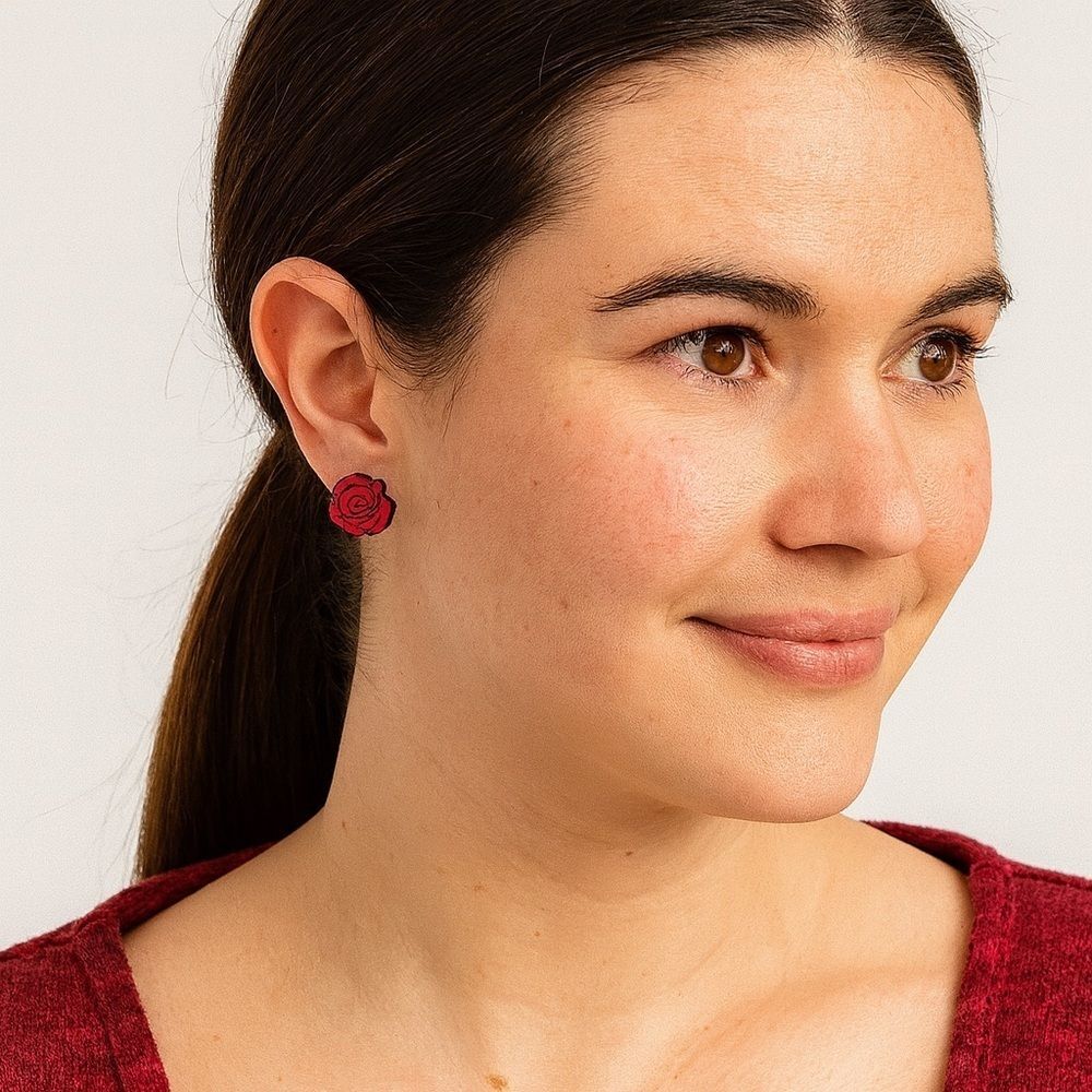 Handcrafted Red Rose Flower Stud Wood Earrings Red